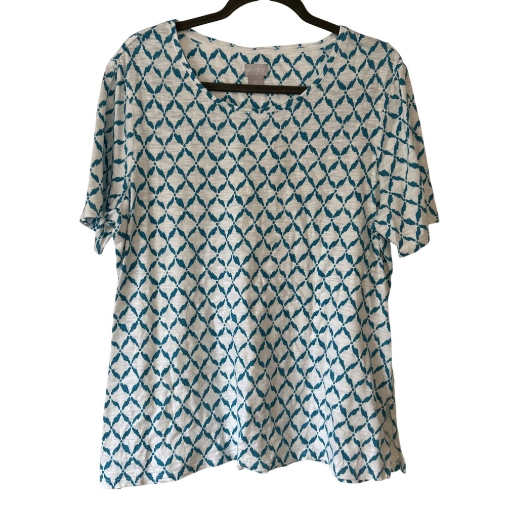 Chicos Womens Teal White Geometric Ikat Short Sleeve Back Button Top‎ Size 2 L